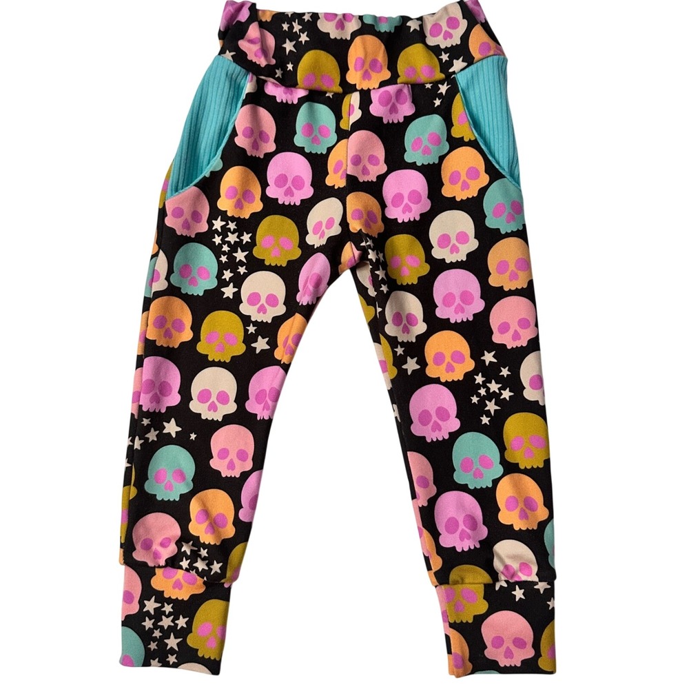 Handmade Black Jogger Pants Colorful Skulls Stars Print Pockets Kids‎ 18 Months